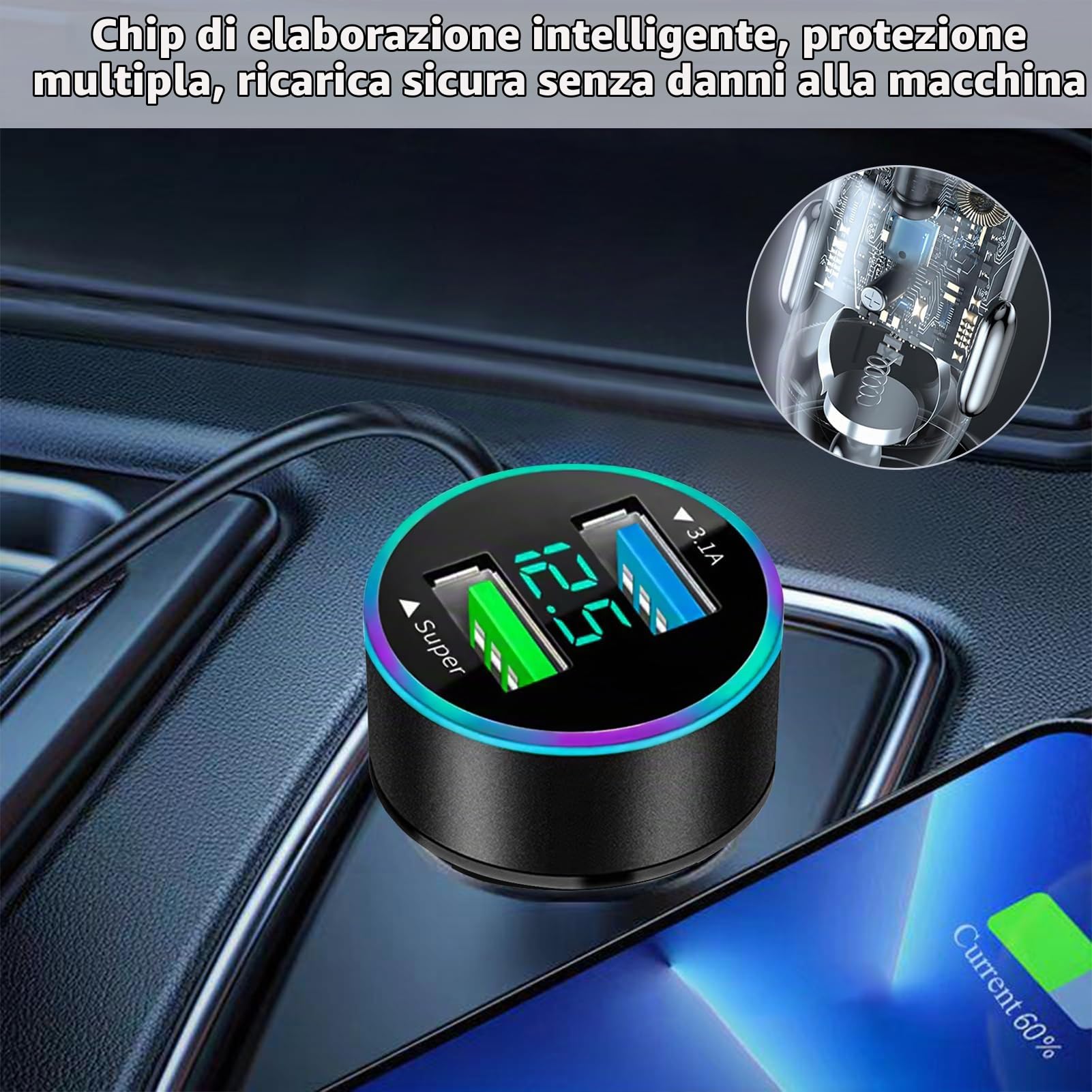 Rolgno Retrattile Caricatore Auto, [4 Porte Ricarica Rapida] 72W Presa