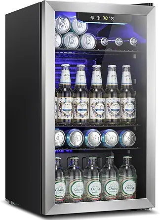 Kismile 3.2 Cu.ft Beverage Refrigerator and Cooler,130 Can Mini Fridge Glass Door,Digital Temperature Display for Soda, Beer or Wine, Small Drink Dispenser Cooler for Home, Office or Bar(Silver)