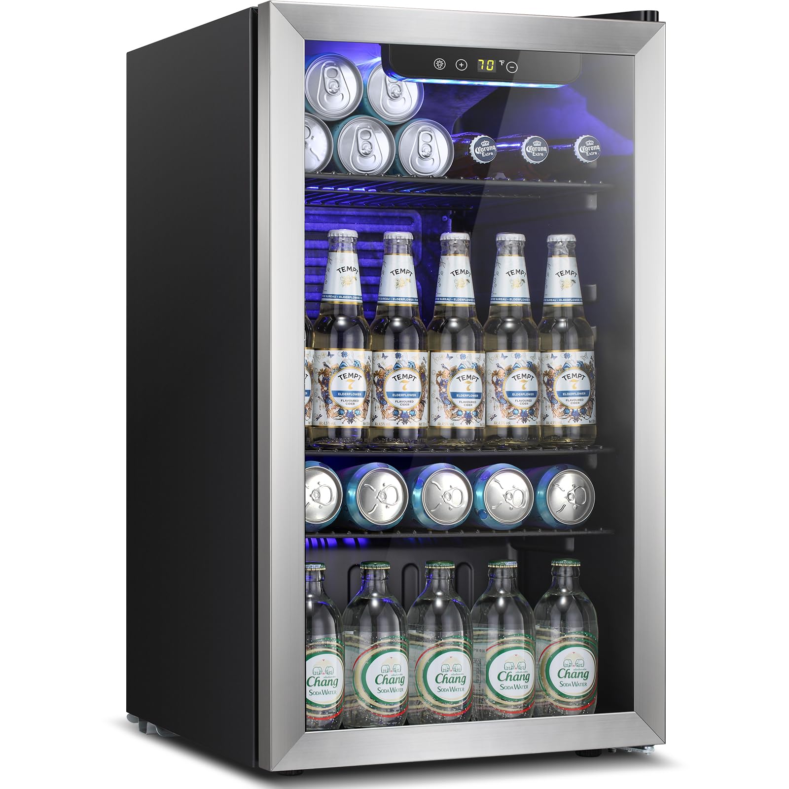 Kismile 3.2 Cu.ft Beverage Refrigerator and Cooler,130 Can Mini Fridge Glass Door,Digital Temperature Display for Soda, Beer or Wine, Small Drink Dispenser Cooler for Home, Office or Bar(Silver)