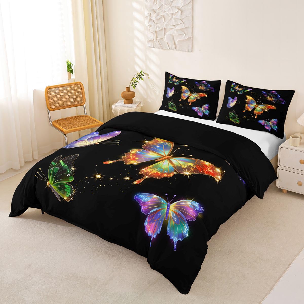 Homewish Set copripiumino per letto super king size, con farfalle colorate e stelle scintillanti