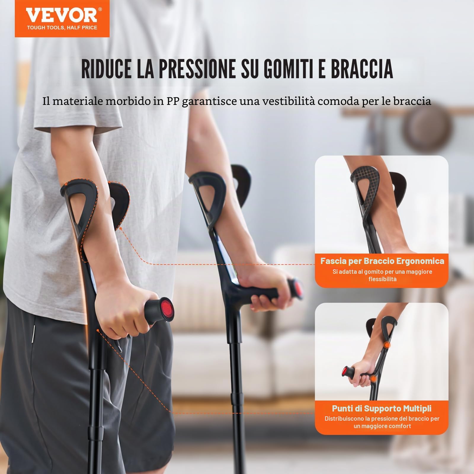 VEVOR Stampelle Pieghevoli da Avambraccio per Adulti, Stampelle con Altezza Regolabile 10 Livelli, in Alluminio Leggere con Polsino Aperto per Chirurgia Lesioni alle Gambe Disabili, 1 Paio 158,7 kg