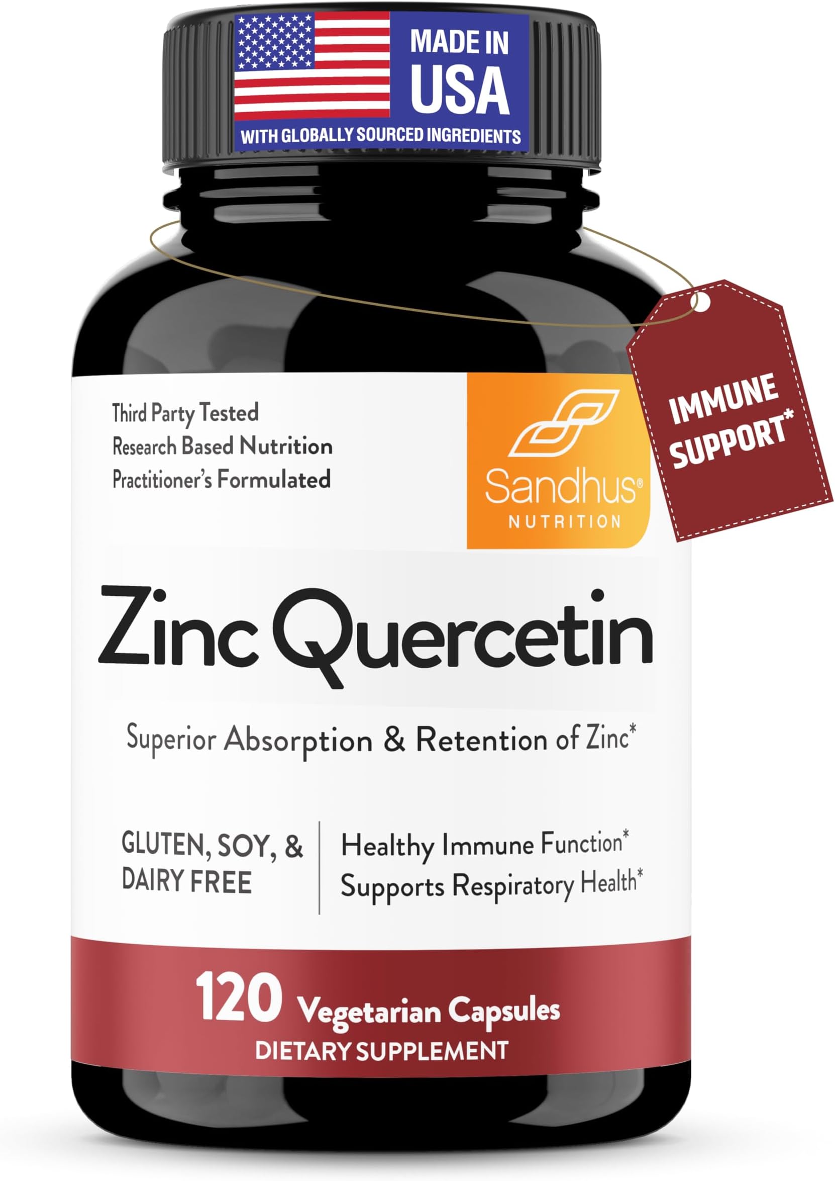 Sandhu's Zinc Quercetin 120 Vegetarian Capsules (Pack of 1) | High Absorption Zink Supplements for Immunity and Seasonal Allergy | Antioxidant Immune Support for Men and Women | Easy to Swallow