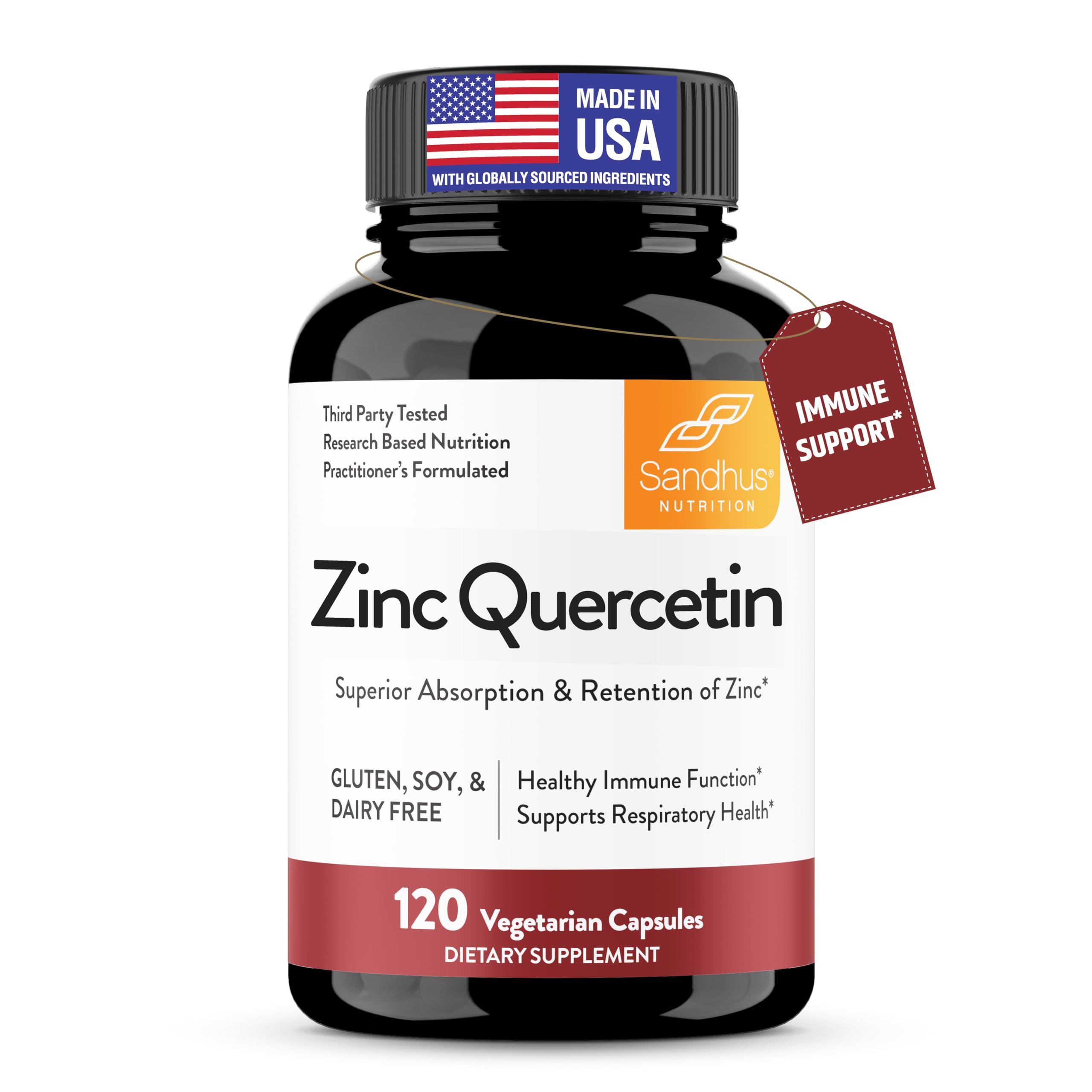 Sandhu's Zinc Quercetin 120 Vegetarian Capsules (Pack of 1) | High Absorption Zink Supplements for Immunity and Seasonal Allergy | Antioxidant Immune Support for Men and Women | Easy to Swallow