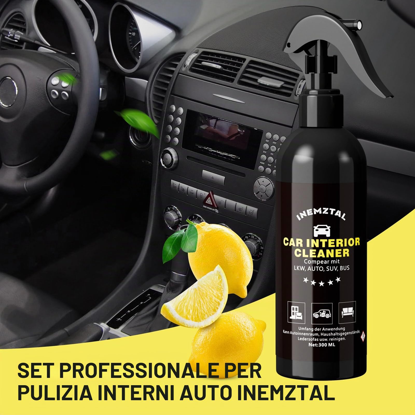 Set Professionale per la Pulizia dell'Interni dell'Auto, Pulizia Profonda di Tutti i Materiali dell'Autoveicolo, Include 300ml di Detergente per Interni, 300ml di Cura per Interni, Cera Professionale