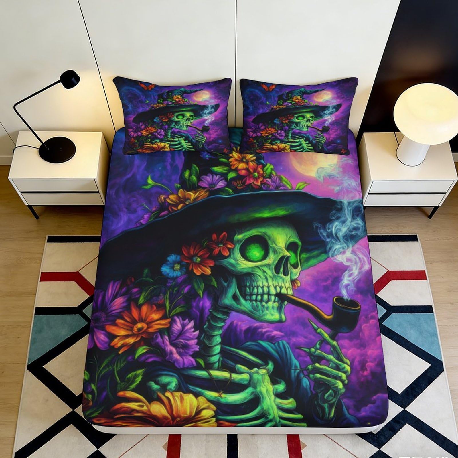 Gothic Skull 3D Printed Fitted Sheet Microfiber Non-Slip Deep Pocket Bedroom Decor Mattress Fitted Cover Washable 140x200x25cm