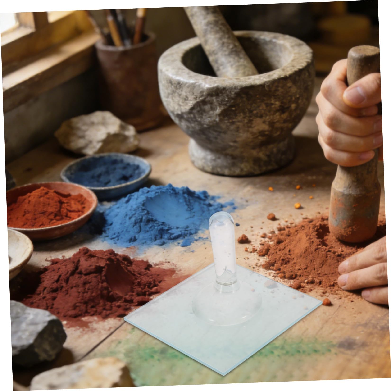 Healvian Set Pestello Leggero per Macinazione Pigmenti Minerali in Vetro e Piastra di Macinazione per Pittura a Olio e Studio per Artisti e Appassionati