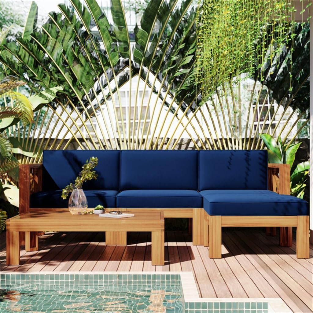 Outdoor Backyard Patio 5-Piece Sectional Wooden Sofa Seating Group Set with Cushions, Cushions