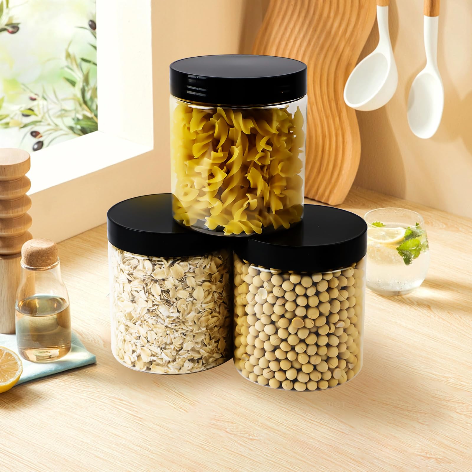 20 barattoli in plastica con coperchio nero, 500 ml, in plastica trasparente con etichette e penne, contenitori rotondi per alimenti da cucina, spezie, snack, condimenti, cereali, liquidi