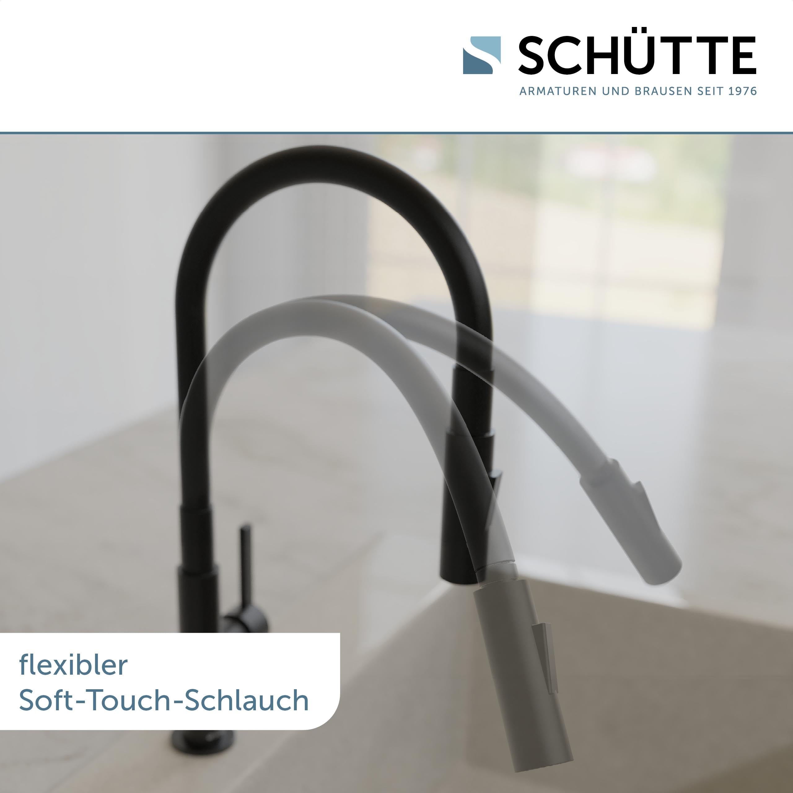 SCHÜTTE GLASGOW Schwarz Flexible Spültischarmatur mit Eco-Click-Funktion, biegsamer Wasserhahn für die Küche schwarz, Auslauf mit Soft-Touch-Schlauch, 360 Grad schwenkbar, Wasserhahn Küche, 79586