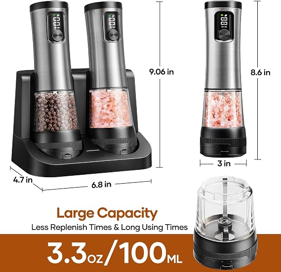 Electric Salt and Pepper Grinder Set - Automatic Pepper Mills with Battery Display Rechargeable Base Ceramic Grinder, Stainless Steel Salt Shakers with 5 Level Adjustable Coarseness for Modern Kitchen