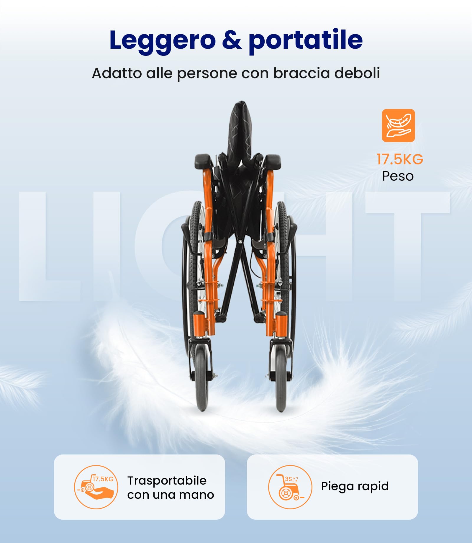 VOCIC U31 - Sedia a rotelle pieghevole leggera, per trasporto fino a 150KG, design a doppia frenata, sedia a rotelle autospinta per anziani (17,5kg), sedia a rotelle da viaggio con ruota posteriore