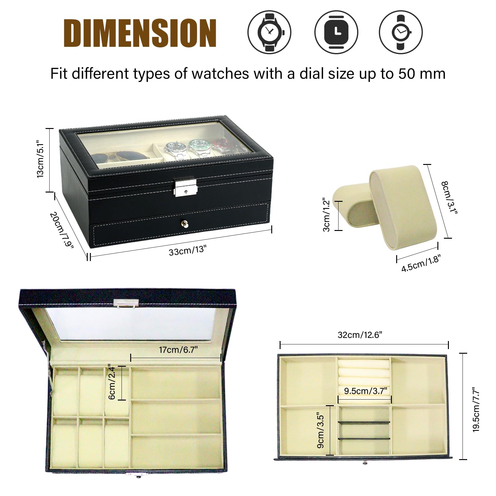 Boîte à Bijoux pour Montres, 6 Emplacements pour Montres et 3 Emplacements