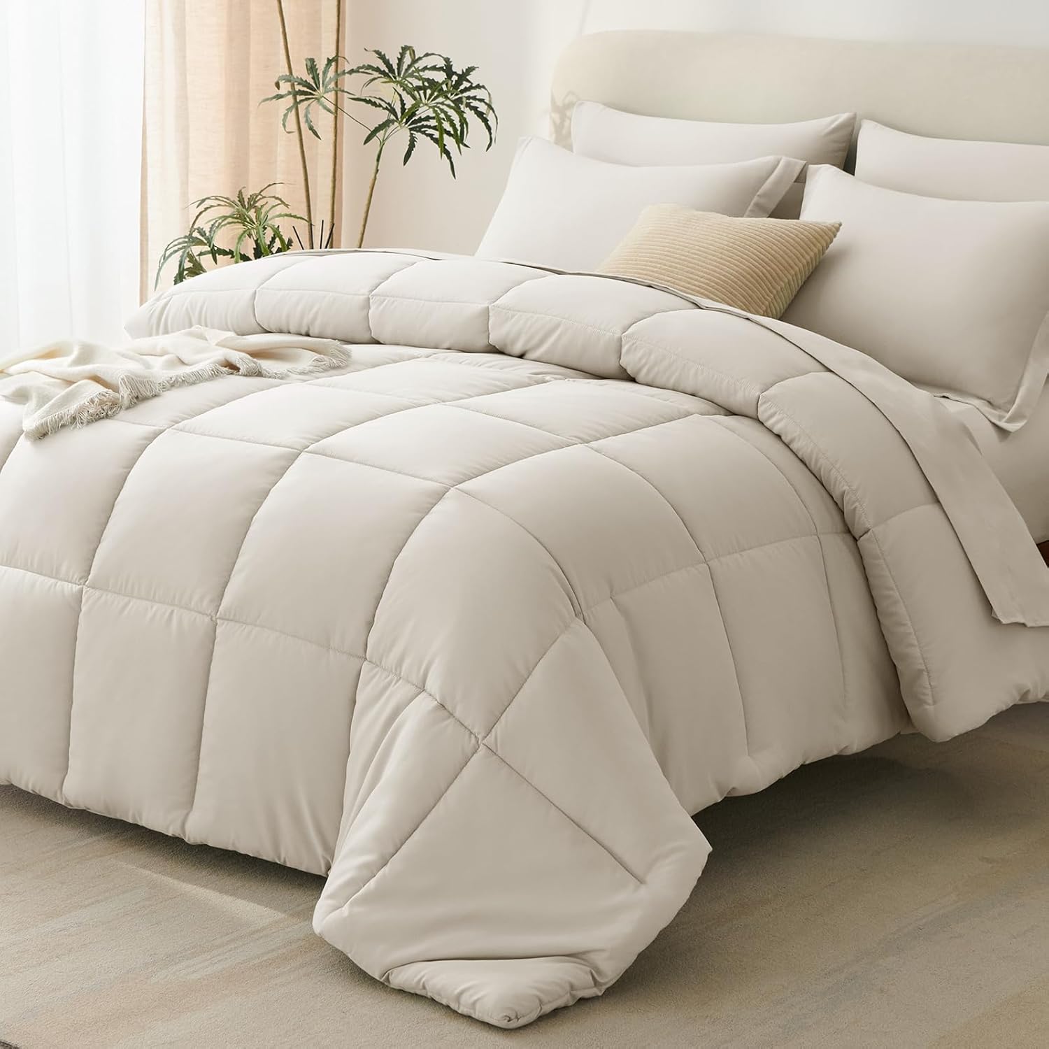 CozyLux Queen Comforter Set Beige - 7 Pieces Bed in a Bag Queen, All Season Breathable Bedding Sets, Oeko-Tex Certified Bed Set with Down Alternative Comforter, Sheets, Pillowcases & Pillow Shams Beige Queen