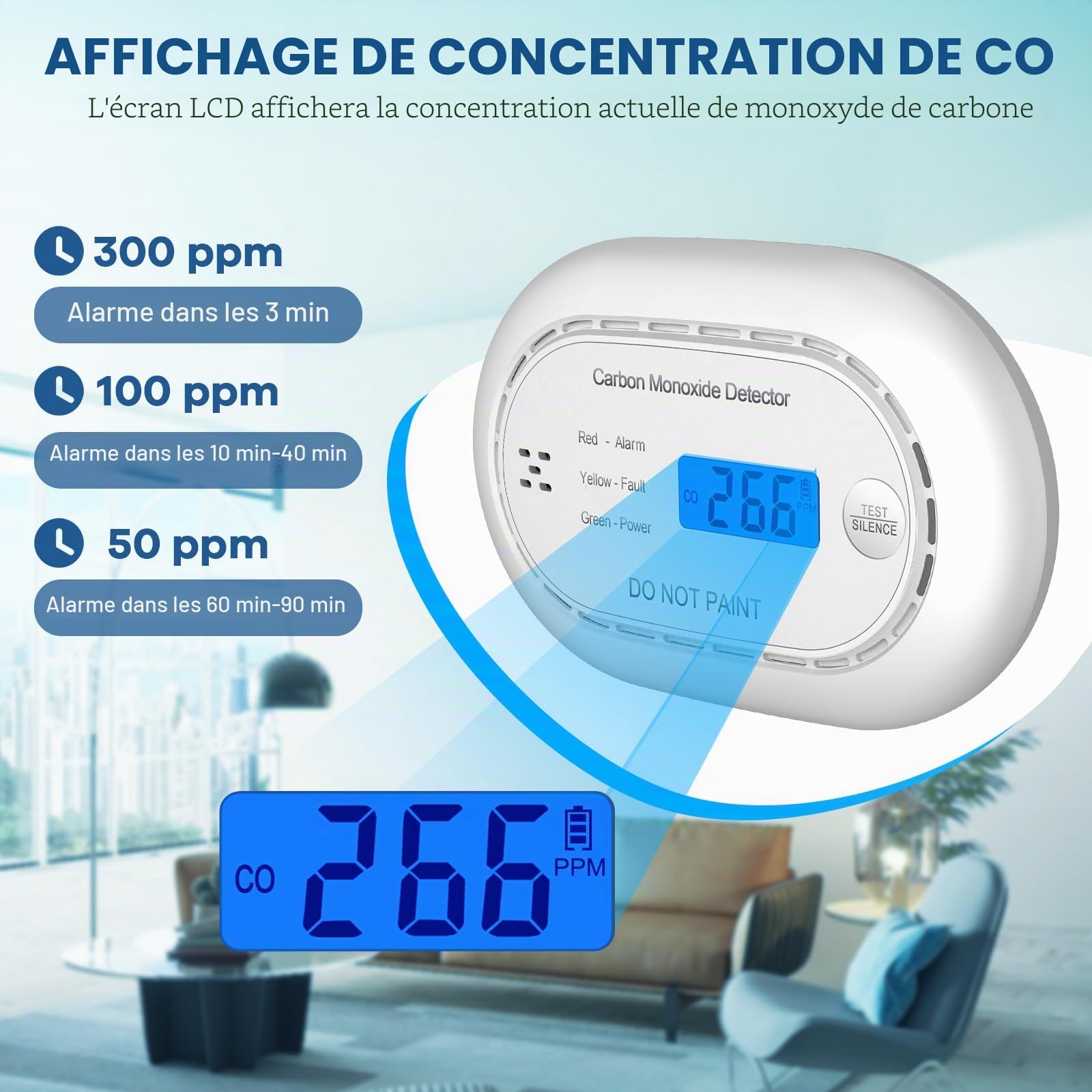 Détecteur de monoxyde de carbone avec écran numérique LCD, alarme de CO certifiée CE avec batterie scellée en 10 ans, détecteur de CO sonore autonome pour la maison, noir, 1 paquet