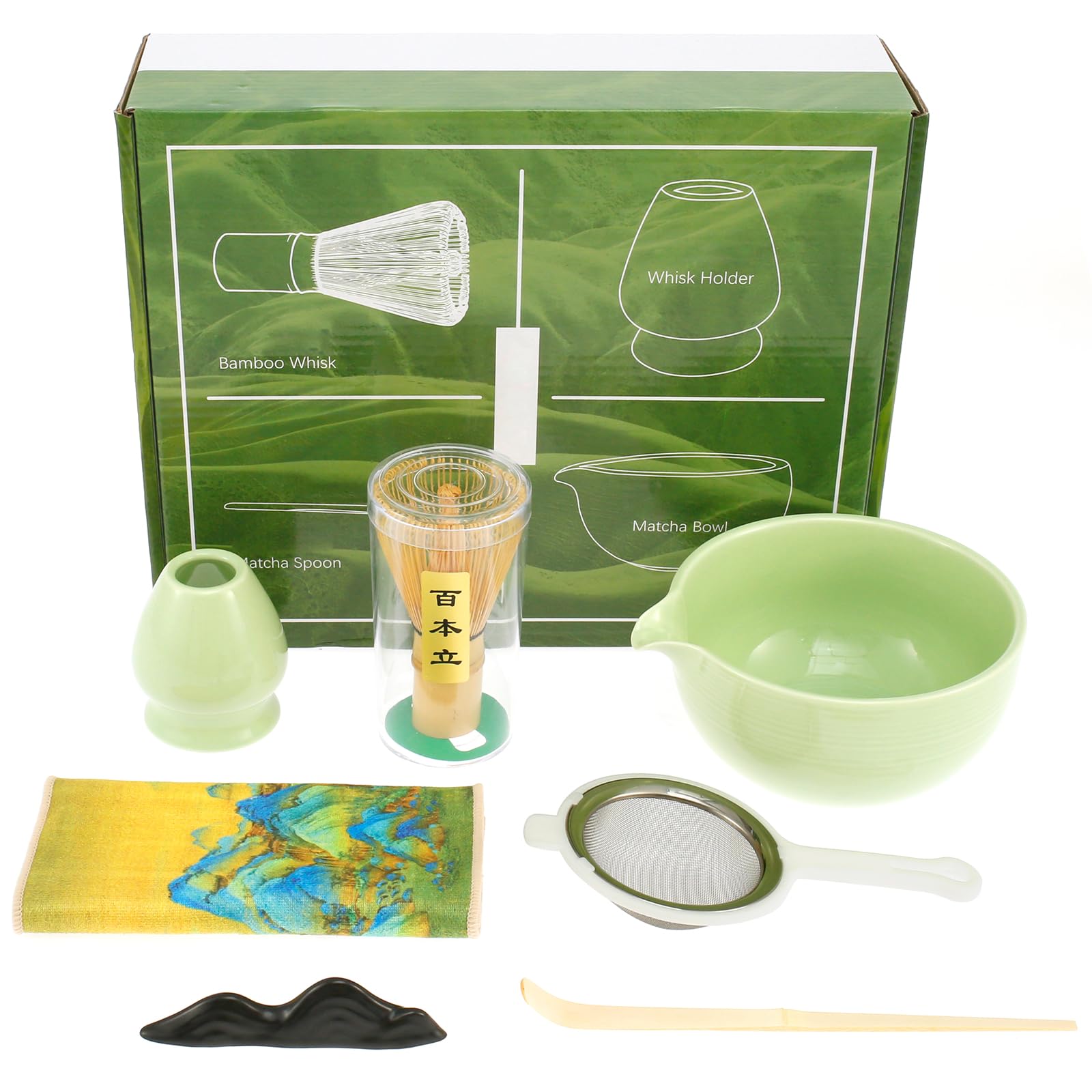 NEMTMCUA 7Pcs Matcha Whisk Set, Matcha Bowl, Whisk Holder, Bamboo Whisk, Matcha Sifter, Scoop Holder, Tea Scoop & Towel, Green