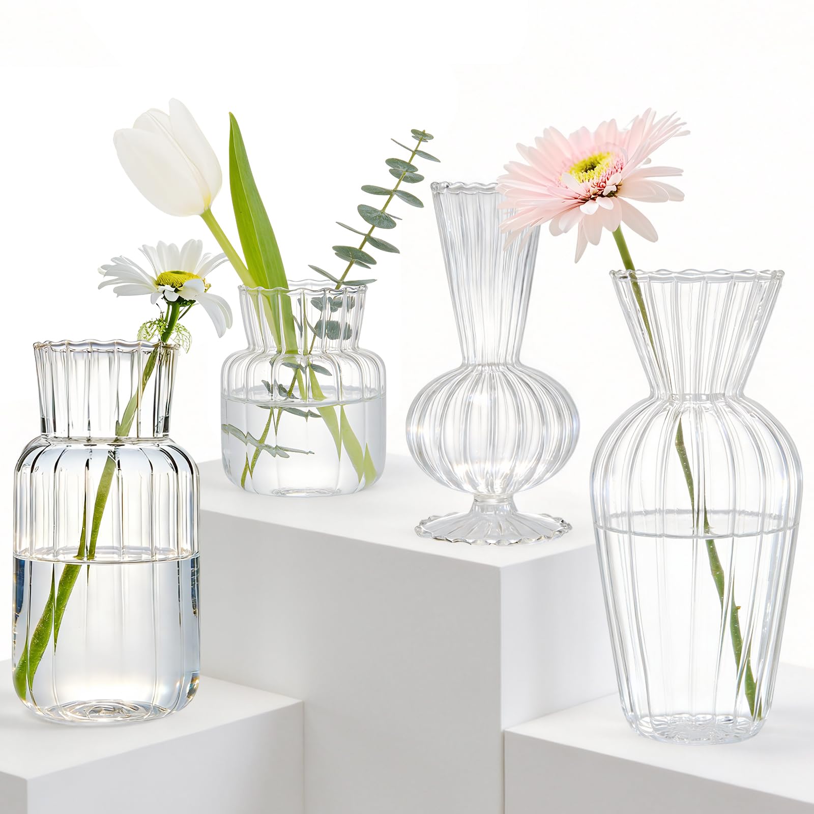 EVERGOODS Mini Glass Bud Vase Set – Small Clear Flower Vases for Table Centerpieces, Wedding Decor, Home & Living Room, Durable Embossed Glass for Buds, Dried Flowers, or Diffuser Sticks (4 Pack)