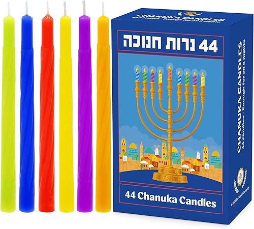 Vista 10 de The Dreidel Company Paquete de 2 velas multicolor de Janucá, velas de menorá, velas de Janucá 44 para las 8 noches de Janucá