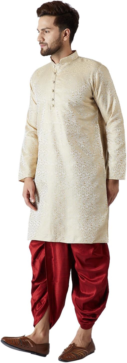 Size XL 42 Color Mustard and Red Pants Sojanya (Since 1958, Men's Blue & Mustard Silk Dhoti Kurta Set