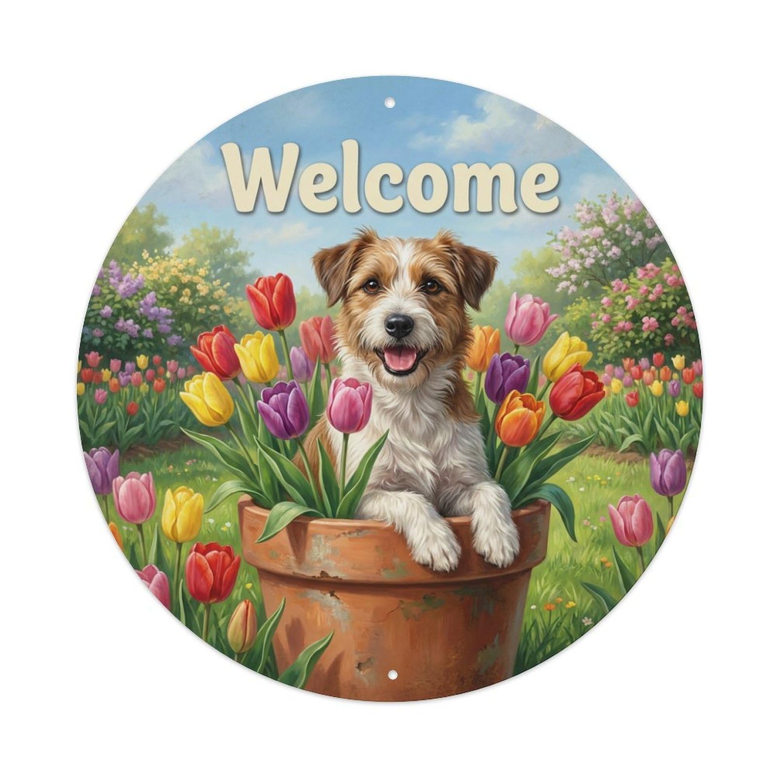 Metal Tin Sign Welcome Dog Tulip Garden