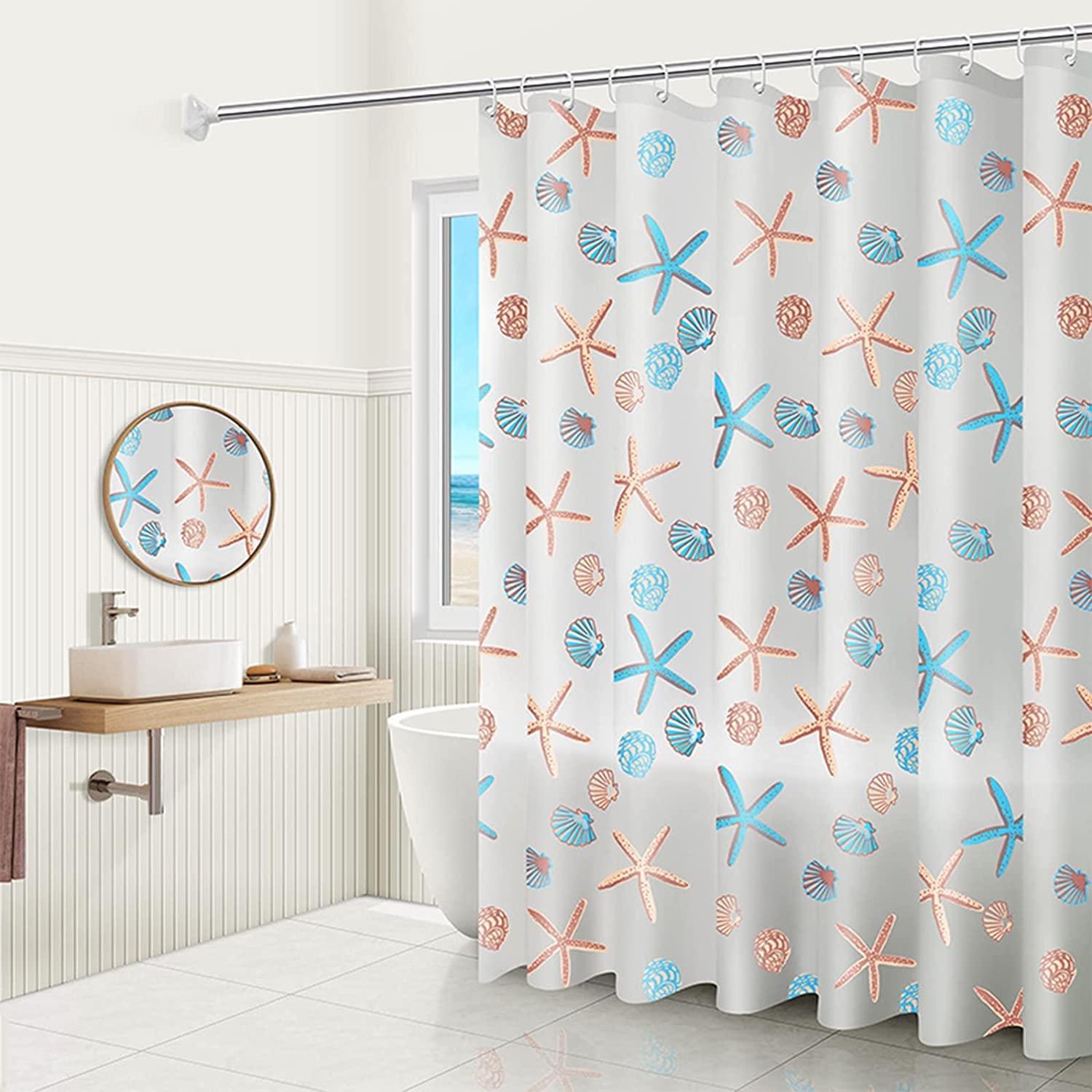 Woodfib Starfish Shower Curtain, 100% Peva Waterproof Anti-Mould Proof Resistant, Quick-Drying, Washable Bathroom Curtain, Includes 12 Pcs Curtain Hooks, 180 X 180 Cm