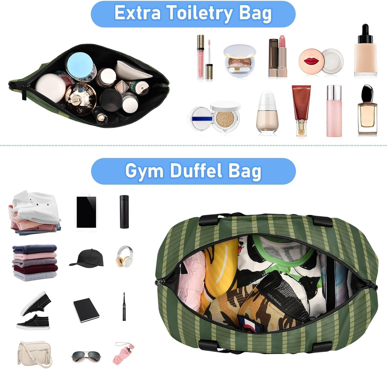Dark Green Abstract Striped 2 Pcs Set Travel Tote Bag Gym Sports Carry with Toiletry Bag for Business Trips