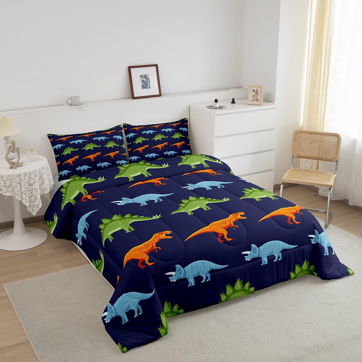 Homemissing Juego de ropa de cama de dinosaurio de dibujos animados, juego de edredón de dinosaurio azul oscuro para niños, edredón de plumón de dinosaurios, para niños y niñas, juego de edredón de