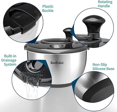 Miniatura 3 de Hilador de ensalada de acero inoxidable, lavadora de verduras de 4.8 cuartos de galón, secadora de lechuga sin BPA con diseño de manivela, apto para