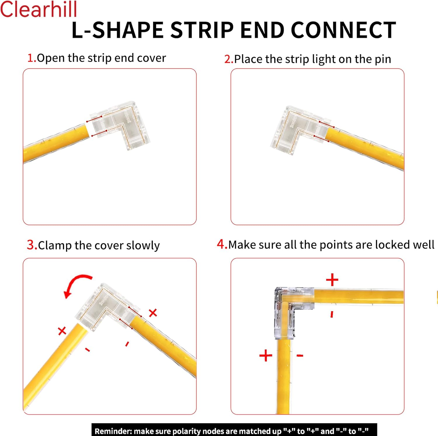 5mm 2Pin 20Pcs Transparent Solderless L-Shape COB LED Strip Connectors,90°Right Angle Corner Joints for 5V 12V 24V Single Color LED Strip Lights,Seamless Corner Connection.