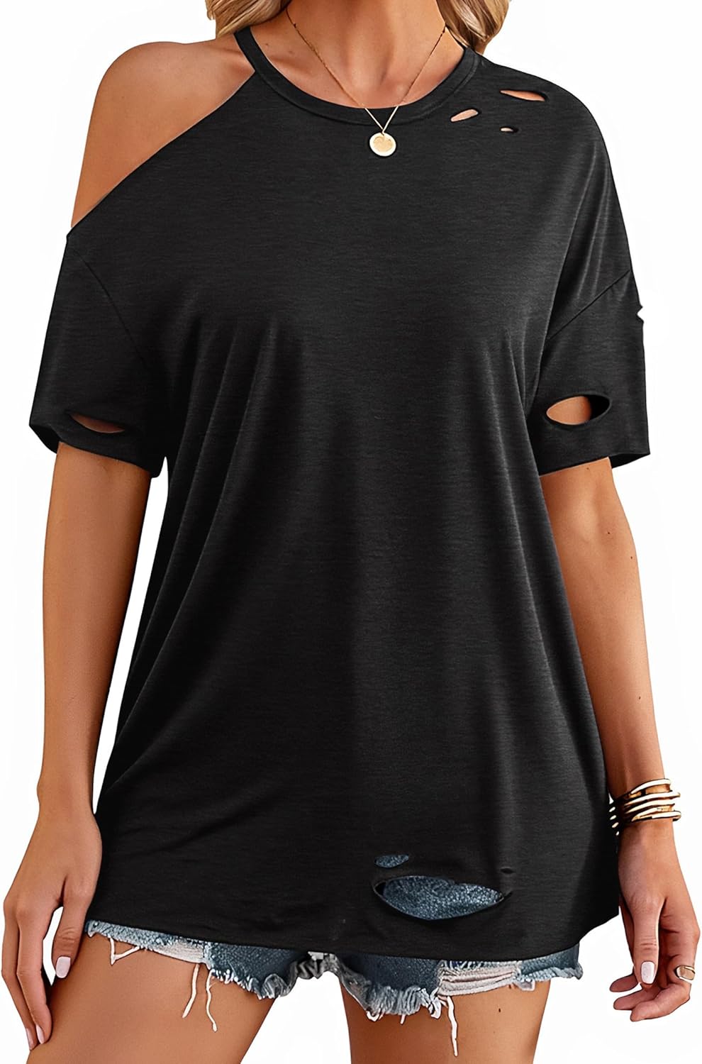 Remidoo Distressed Tshirt Women Short Sleeve Ripped Shirt Off Shoulder Tops Oversized Tee