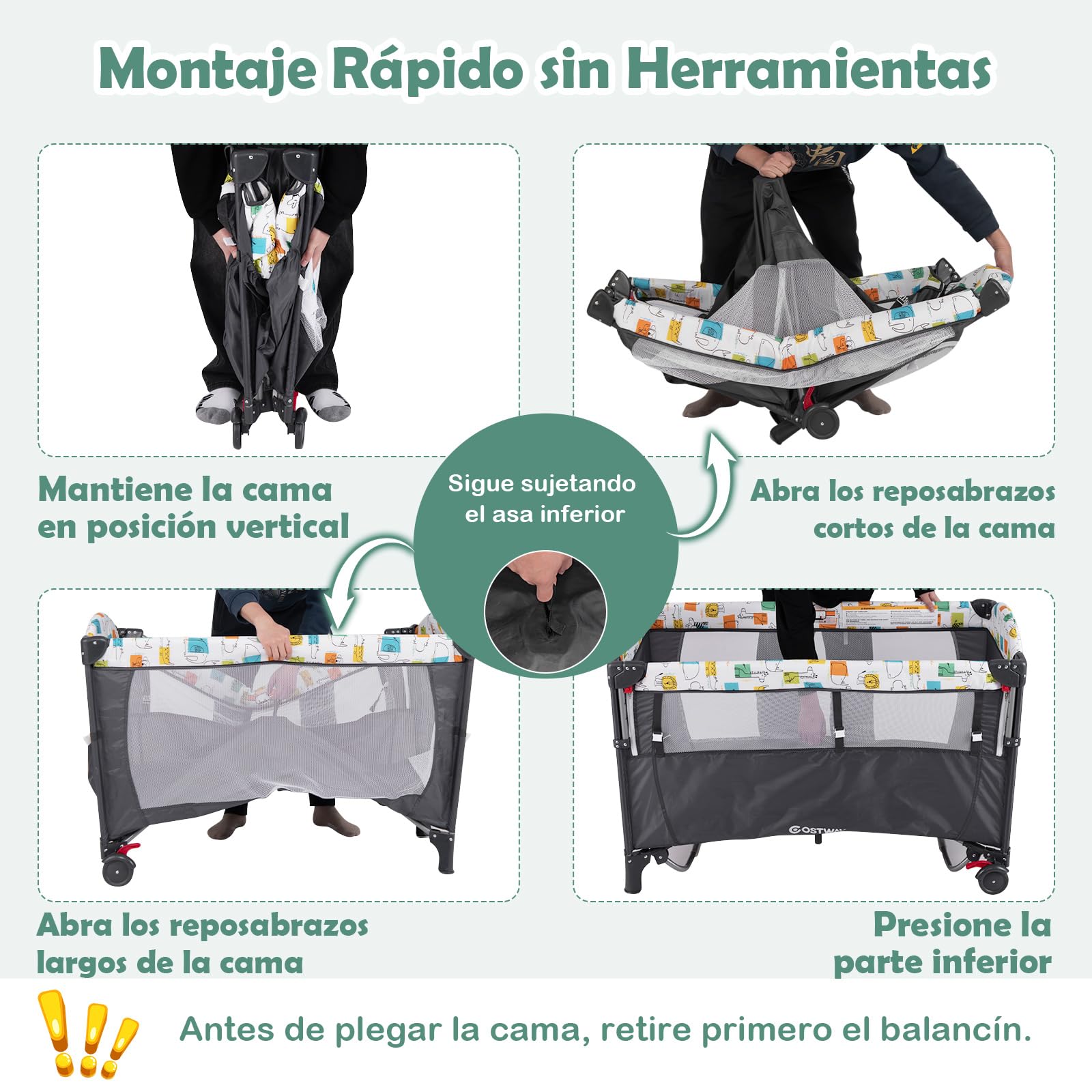 COSTWAY Cuna de Viaje Convertible 5 en 1 con Cambiador, Bolsillo de Almacenamiento, Centro de Guardería para Bebés, Juguetes Colgantes, Cuna Ajustable de 4 Niveles con Ruedas y Frenos (Gris)