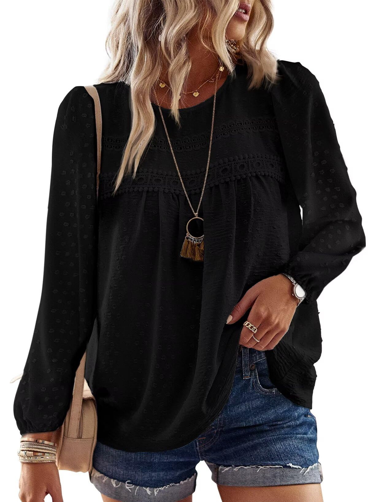 TUUHAW Camicia Donna Manica Lunga Autunno Boho Top con Scollo Rotondo Punto Svizzero Bluse Pizzo Elegante Maglietta Casual