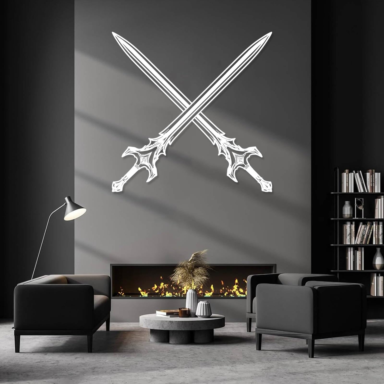 Decorazione murale in Metallo Nero a Forma di Spada con Croce, Armatura Medievale da Cavaliere, Scultura Moderna per Soggiorno, corridoio e Scale (Bianca, 79 cm di Lunghezza x 79 cm di largh