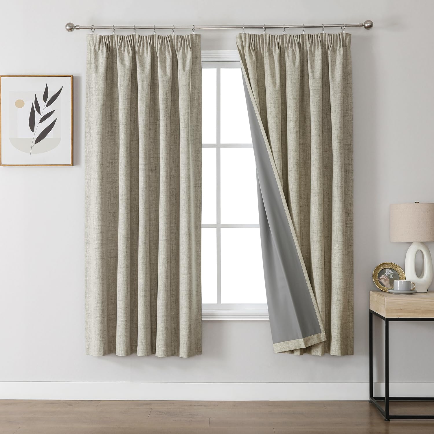 Joydeco 100% Blackout Curtains Bedroom 66 x 72 Inch Drop, Faux Linen Pencil Pleat Thermal Insulated Drapes with Coating Back Layers for Room Darkening Privacy Protection, 2 Panels, Linen Colour โ image 1