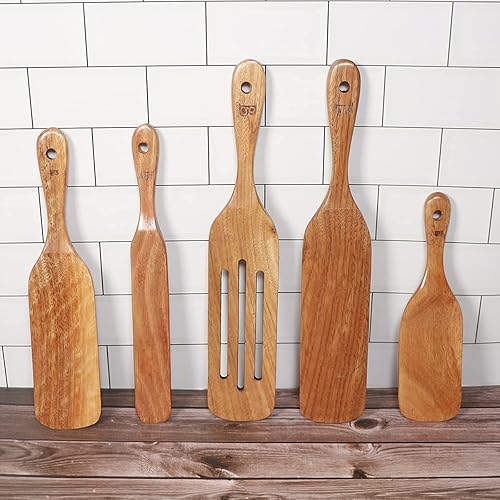 Miniatura 6 de BigGenie Juego de 5 espátulas de madera de teca natural  Utensilios de cocina de madera  Espátula de cocina hecha a mano resistente a la humedad