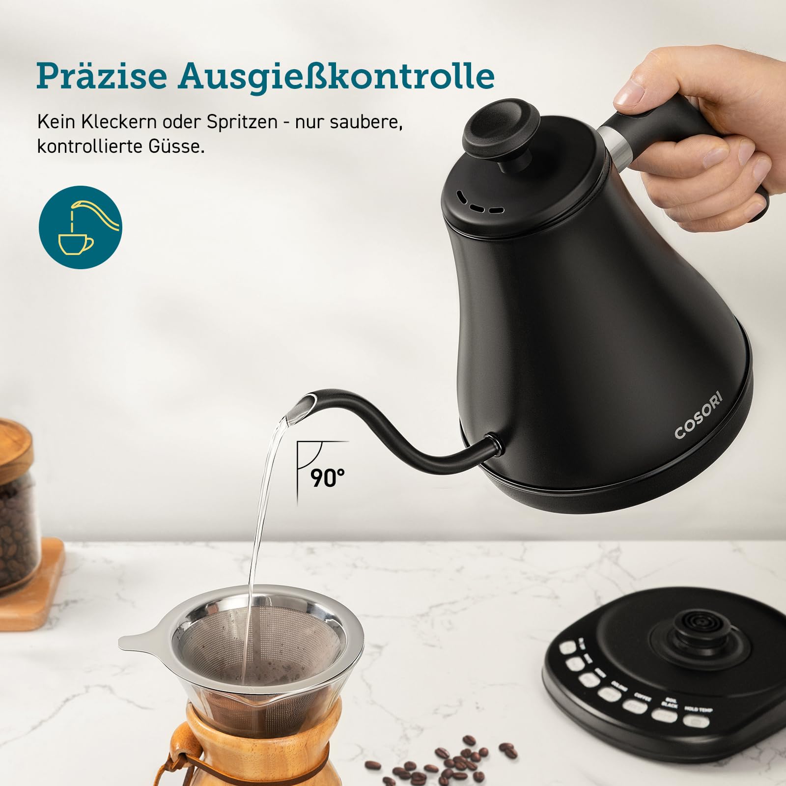 COSORI Wasserkocher Edelstahl Schwanenhals, 0,8 Liter, mit Temperatureinstellung, 80℃ bis 100℃, Warmhaltefunktion für 60 Min, Anthrazitfarben