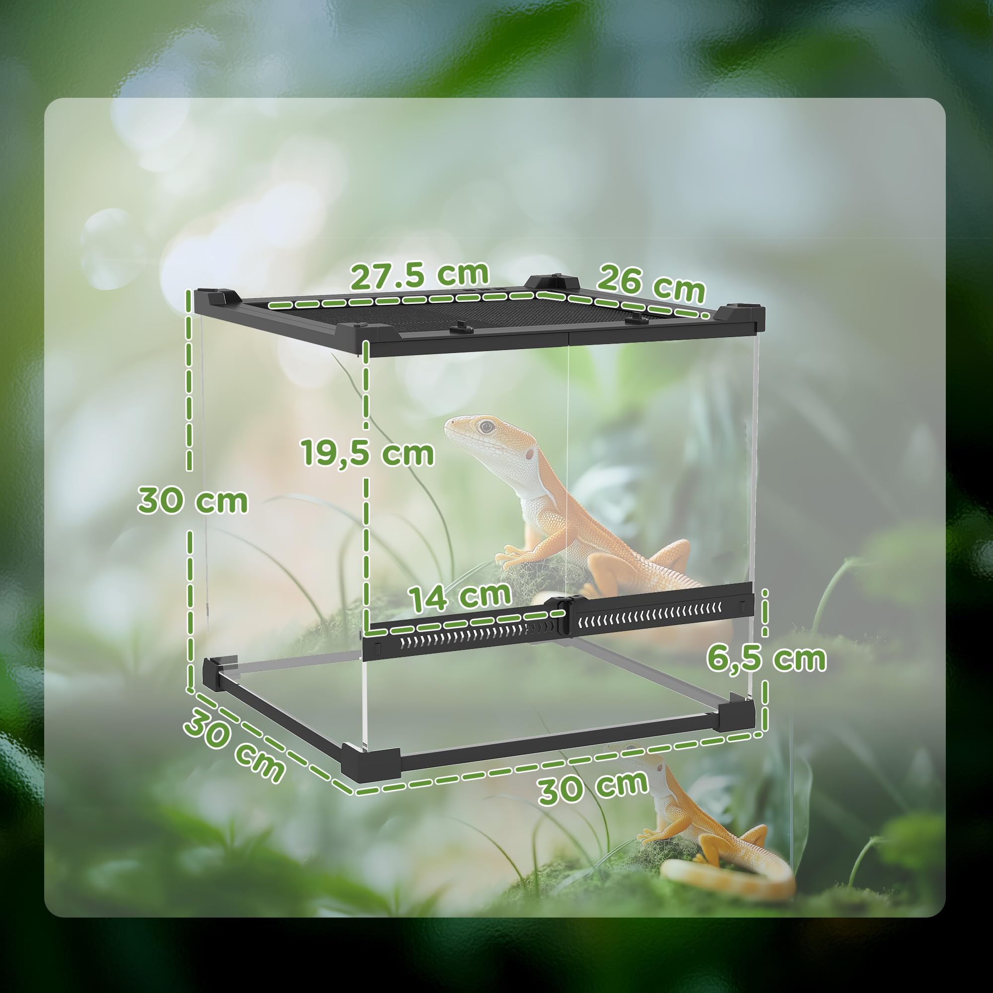 PawHut Terrario per rettili, terrario in vetro, 24 l, contenitore di alimentazione rettile, con ventilazione frontale, tappo a vite per anfibi ragno, nero, 30 x 30 x 30 x 30 cm