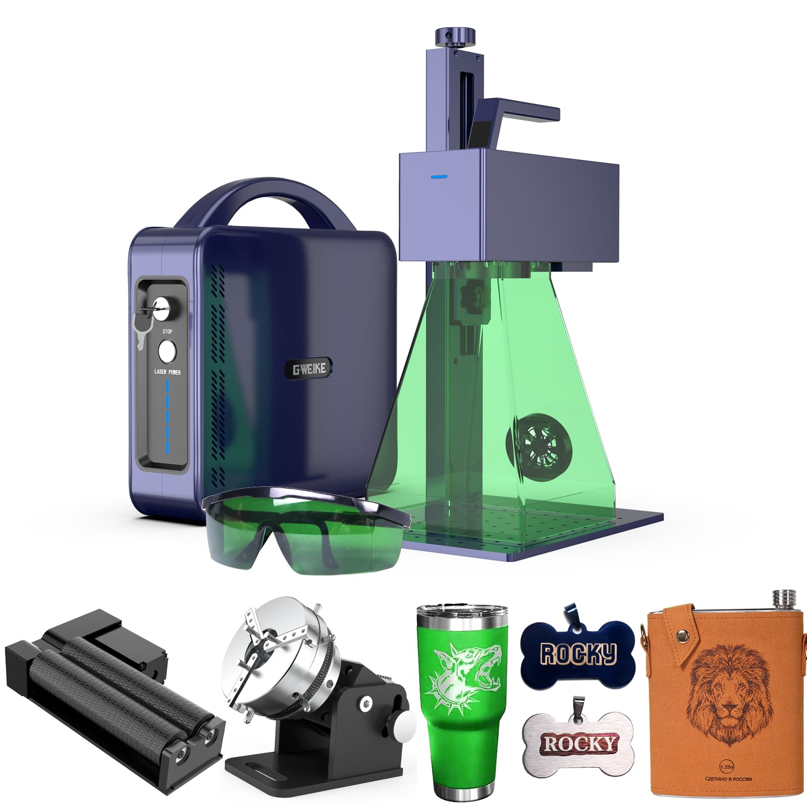 GWEIKE G2 20W Laser Engraver with Chuck & Roller Rotary, Fiber Laser Engraver Machine,110x110mm Working Area, 15000mm/s Speed Portable Laser Marking Machine for Metal, Jewelry, Leather, Dog Tags