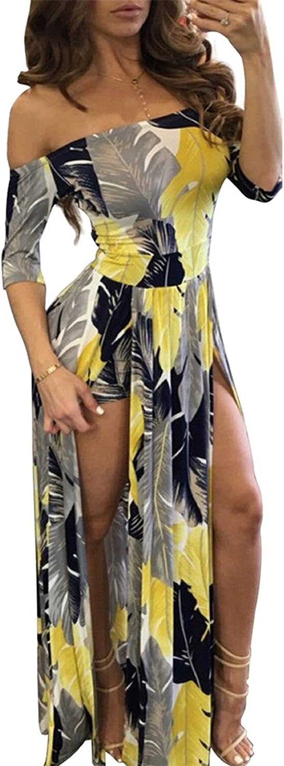 Womens Off Shoulder Palm Leaves Multicolor Split Print Jumpsuit Maxi Dress Yellow S