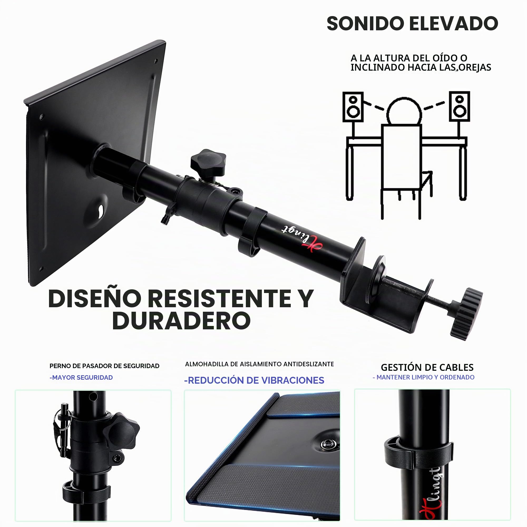 Par de soportes para altavoces de mesa, soporte para altavoces monitor, bandeja metálica de 17 x 20 cm, inclinación de -10° a +10°, altura ajustable, perfecto para monitor