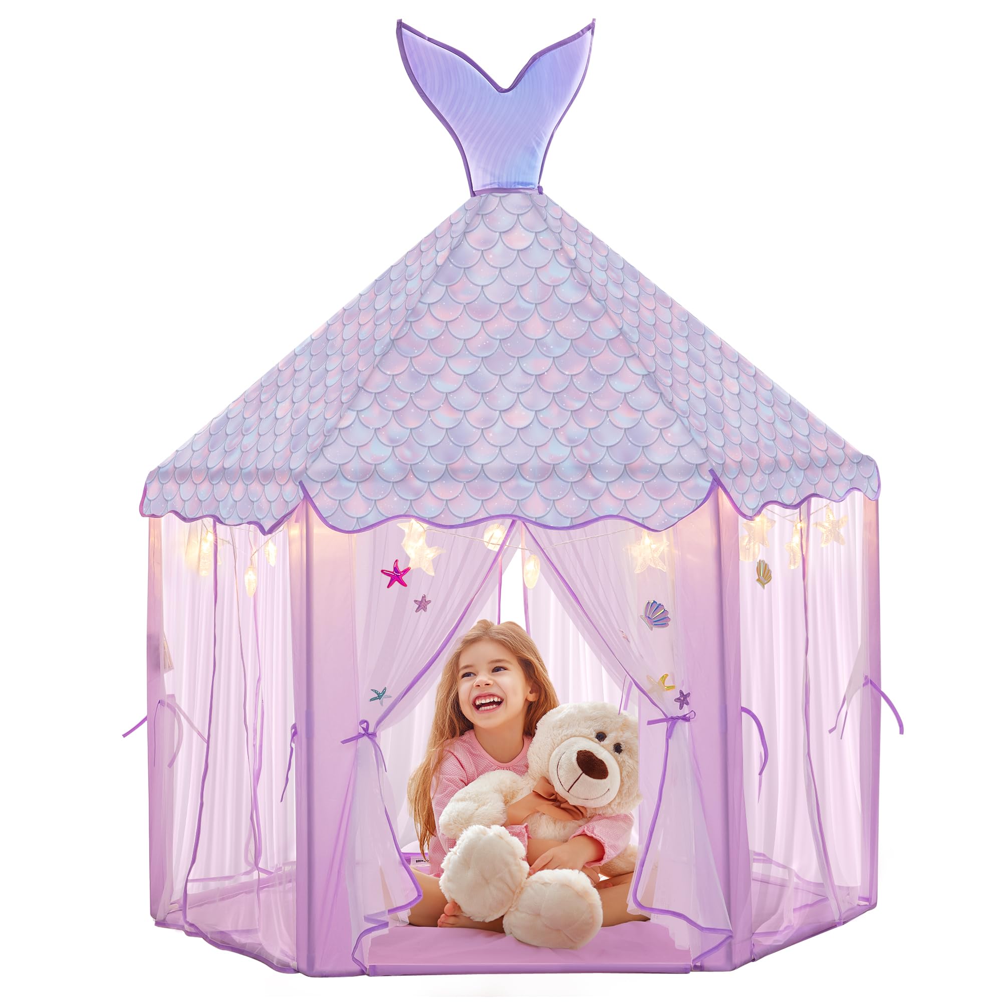 BRINJOY Princess Tent for Girls with Lights, Large Pretend Play Tent Castle w/Carry Bag & Stickers & Detachable Fishtail Top Indoor Outdoor, 67”x55” Ocean-Theme Kids Playhouse Gift for Toddler Age 3+