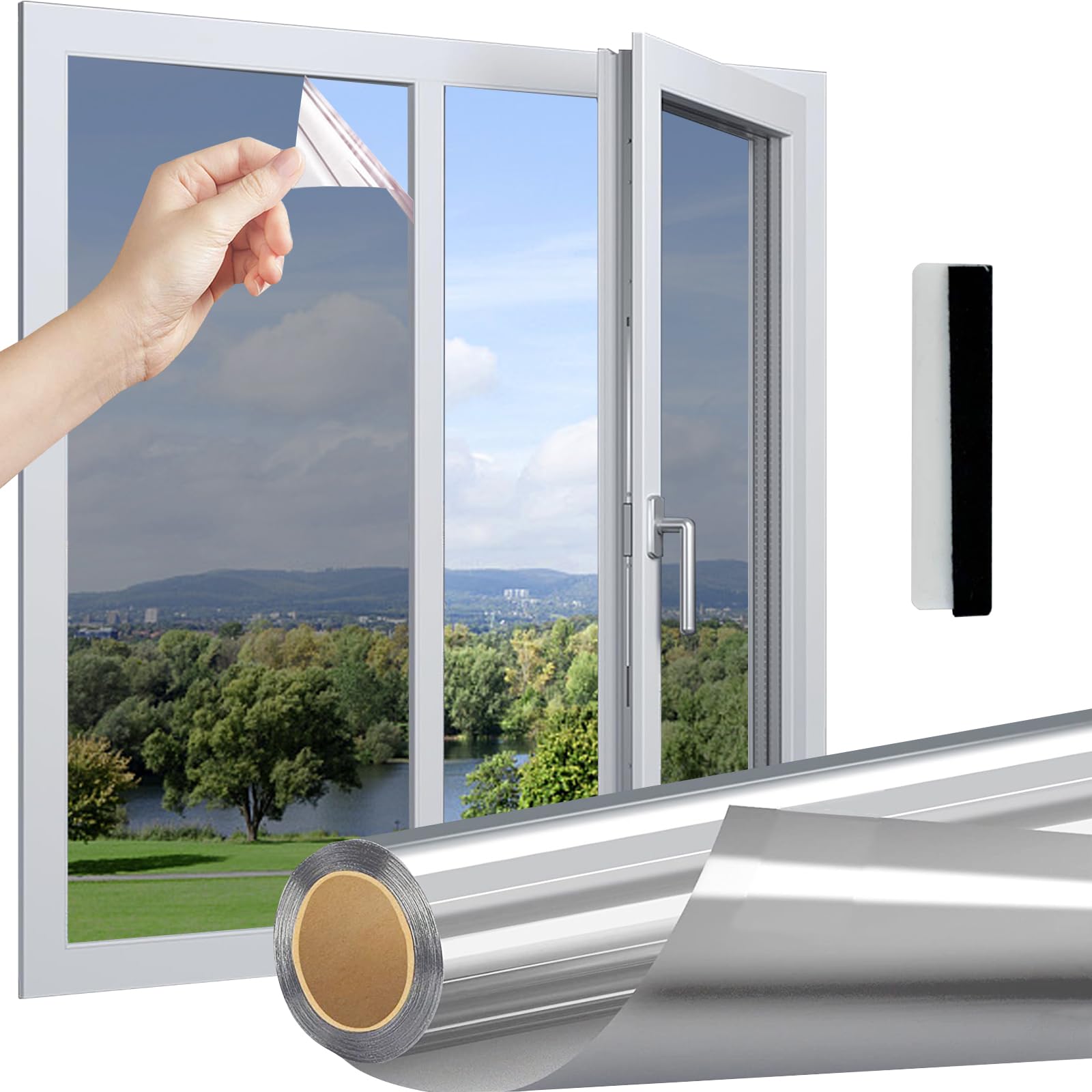 Film Miroir Linarun, Autocollant, Film de Protection Solaire pour fenêtre, Protection de la Vie privée, Isolation Thermique, fenêtre de Toit, intérieur ou extérieur, Protection UV 90x400