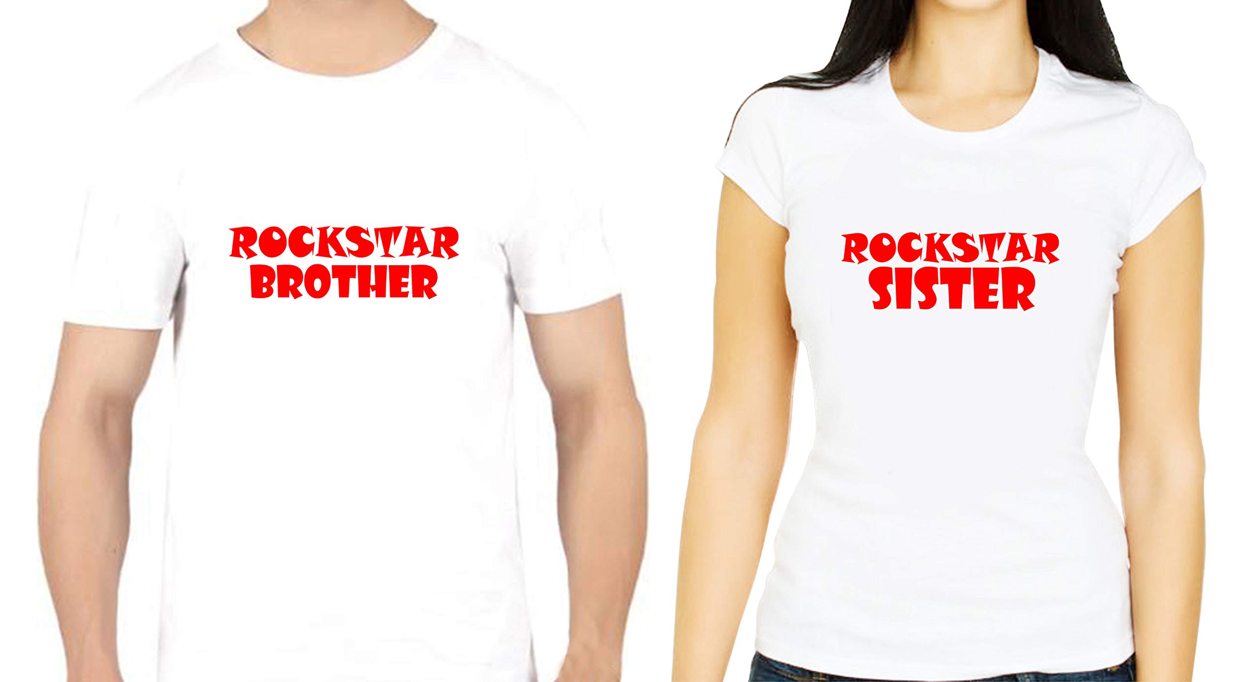 Tab Shops Rakhi Gift for Raksha Bandhan, Rakhi Quotes T-Shirt for Sister & Brother, Rockstar Brother & Rockstar Sister, White Regular Fit Cotton T-Shirt for Unisex