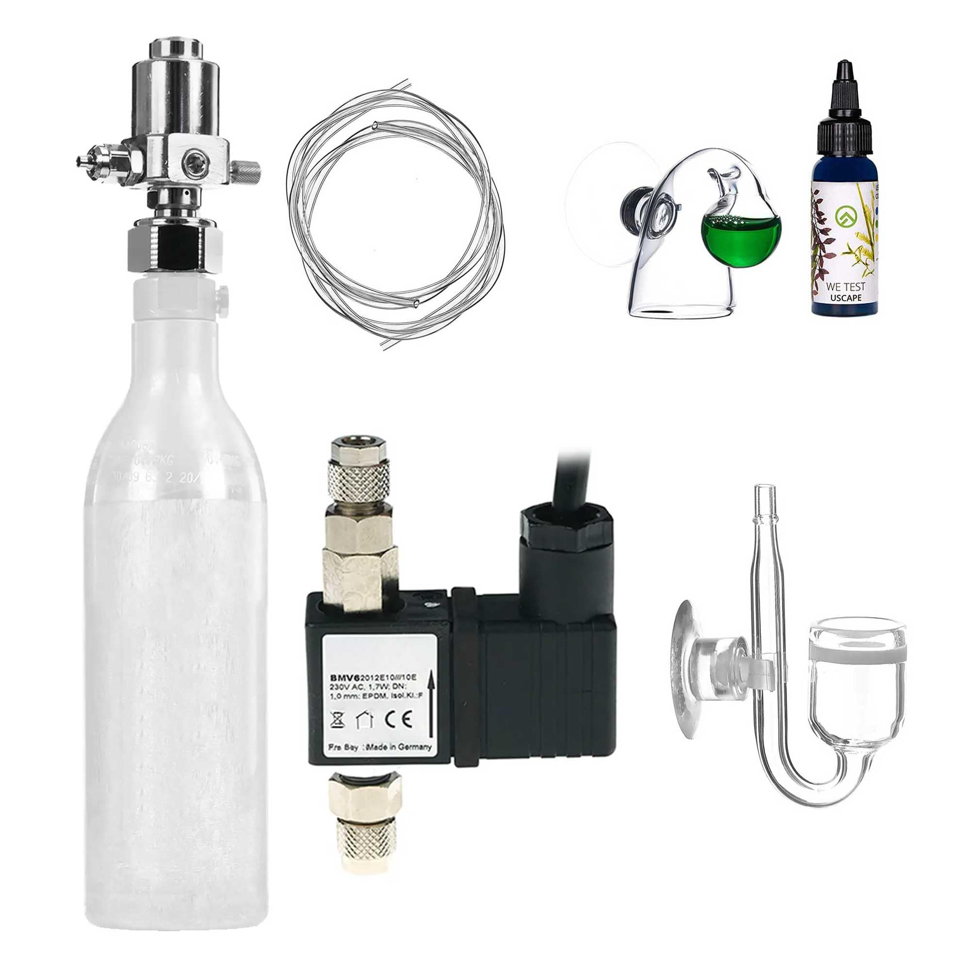 CO2 Anlage Aquarium Sodaflaschen Komplettset - Inkl. Nano-Diffusor, Dauertest, Druckminderer, 2m Schlauch - Profi