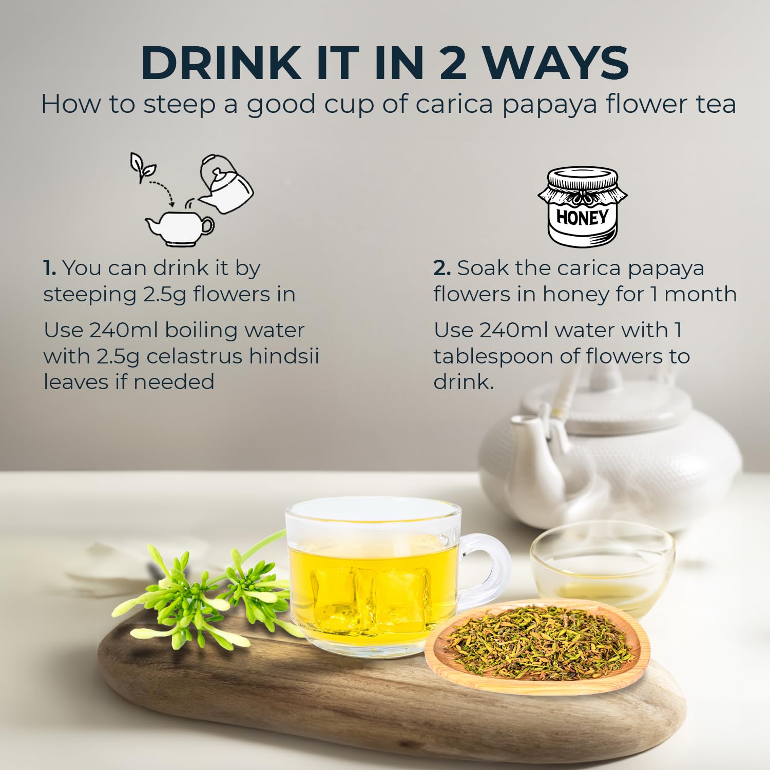 Carica Papaya Flowers Freeze Dried 4.23 Oz, Vaccum Sealed, Mind Calm & Relax Herbal Tea, No Additives & No Sugar Added, Stomach Calm & Relax, Re-steep Papaya Flower Tea & Cooking