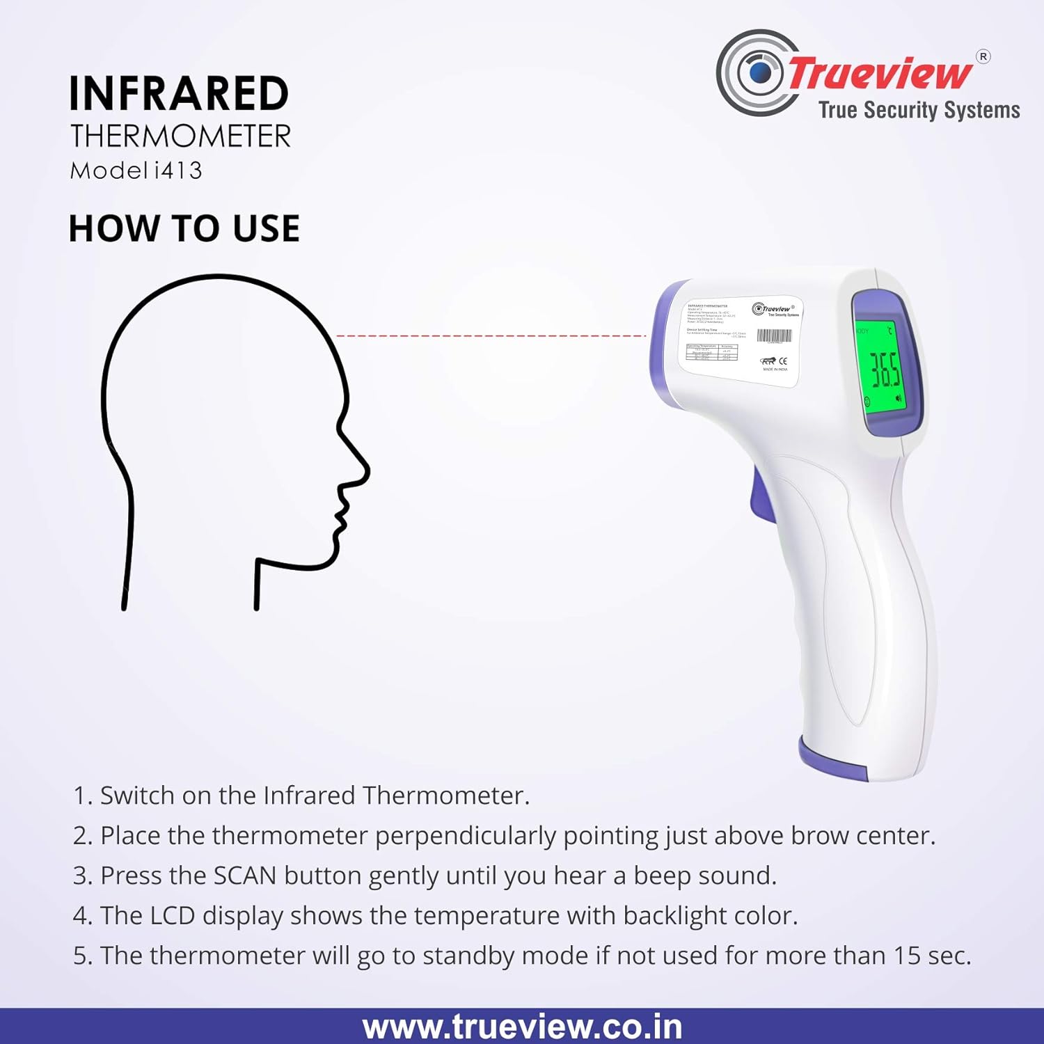 Trueview Infrared Forehead Thermometer Digital Temperature Gun with LCD Display NonContact
