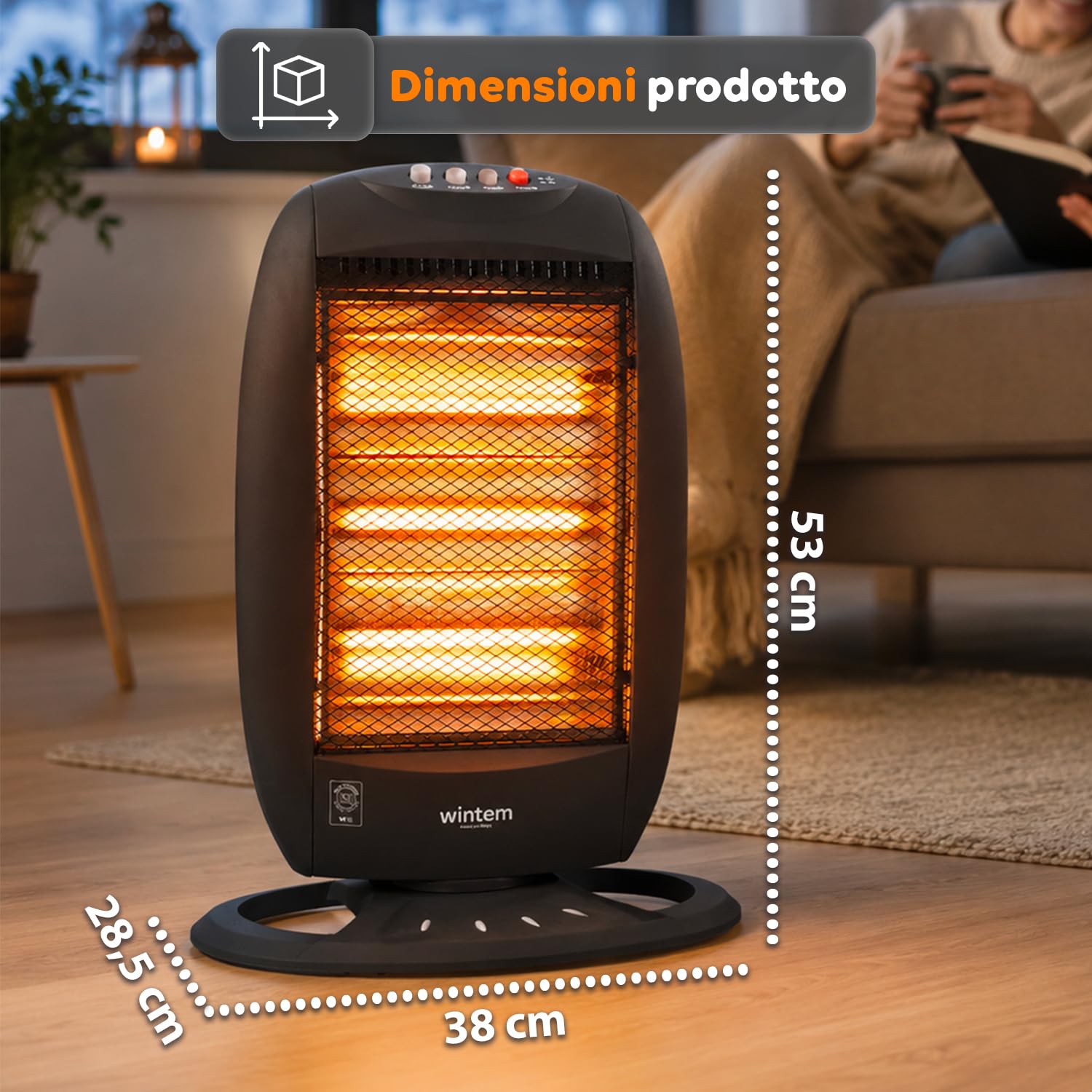 Wintem Stufa Alogena Elettrica 3 Elementi Indipendenti 1200W - Ideale per Riscaldare Piccole Stanze in Casa o Ufficio con Protezione al Ribaltamento e Antisurriscaldamento per una Sicurezza Ottimale