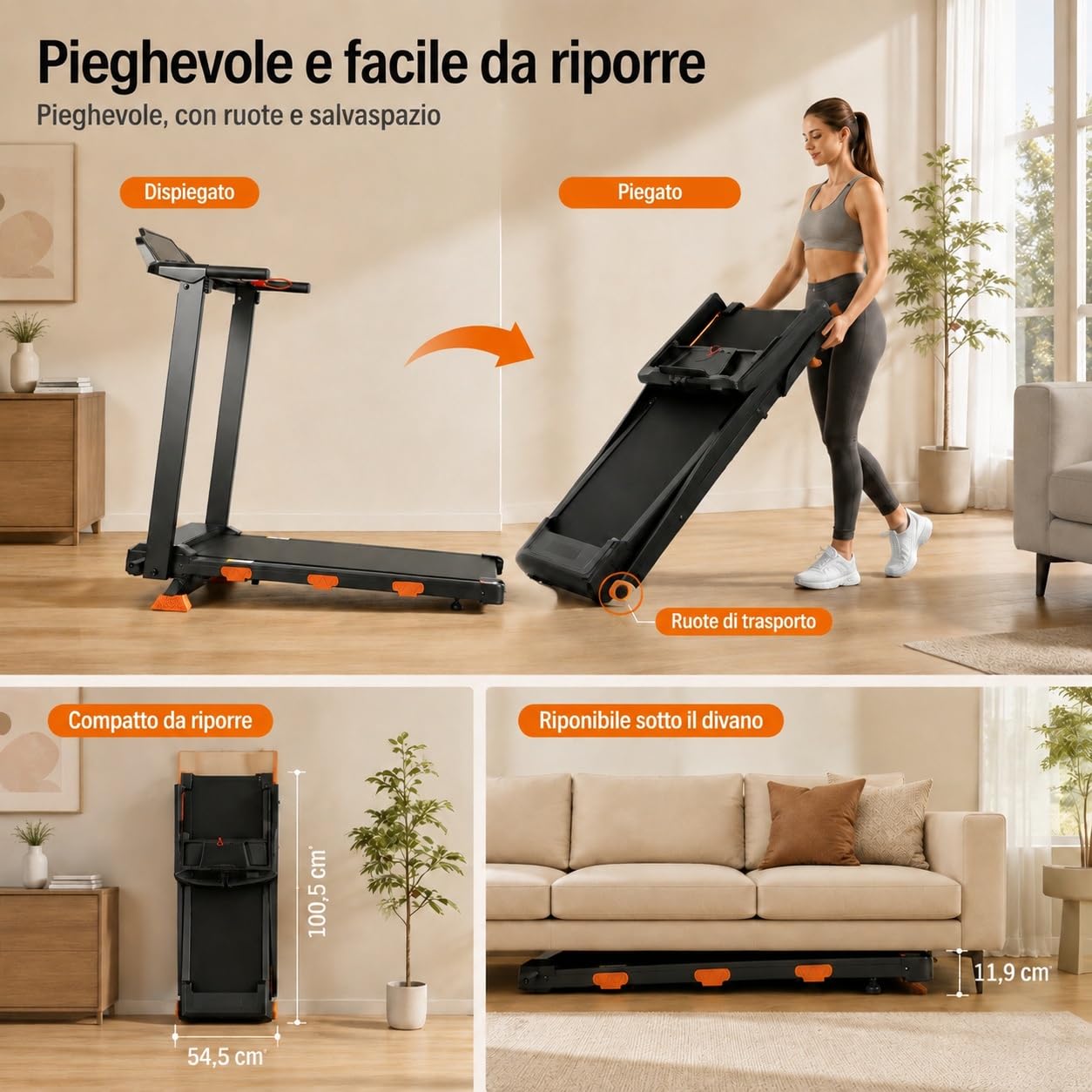 Tapis Roulant Salvaspazio con Inclinazione 12%, Walking Pad Pieghevole 12km/h, Tapis Roulant Elettrico Pieghevole per Casa, Motore Silenzioso 3.0HP, Display LED, Portata 138 kg