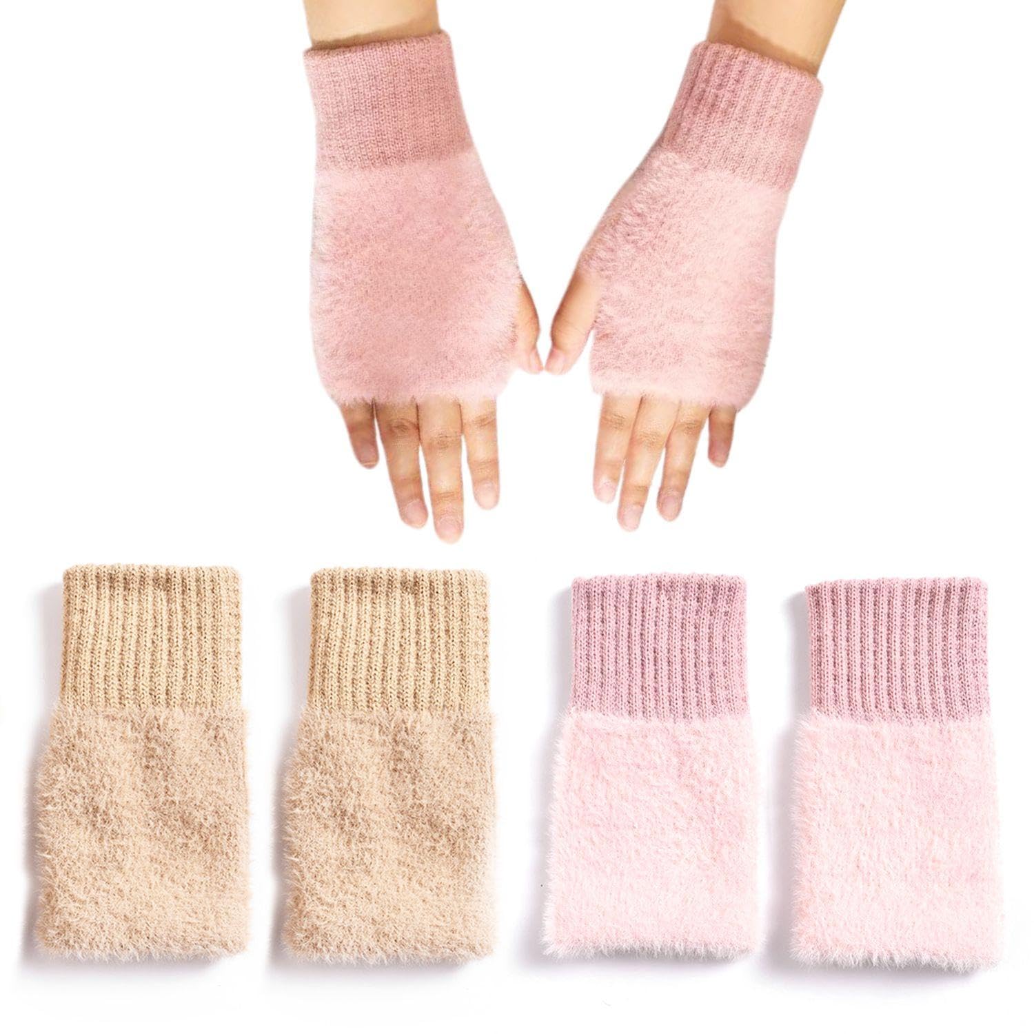 WUFGWBD 2 Pairs Of Cute Knitted Gloves, Women’S Warm Gloves, Fingerless Gloves, Plush Gloves (Pink, Skin Color)