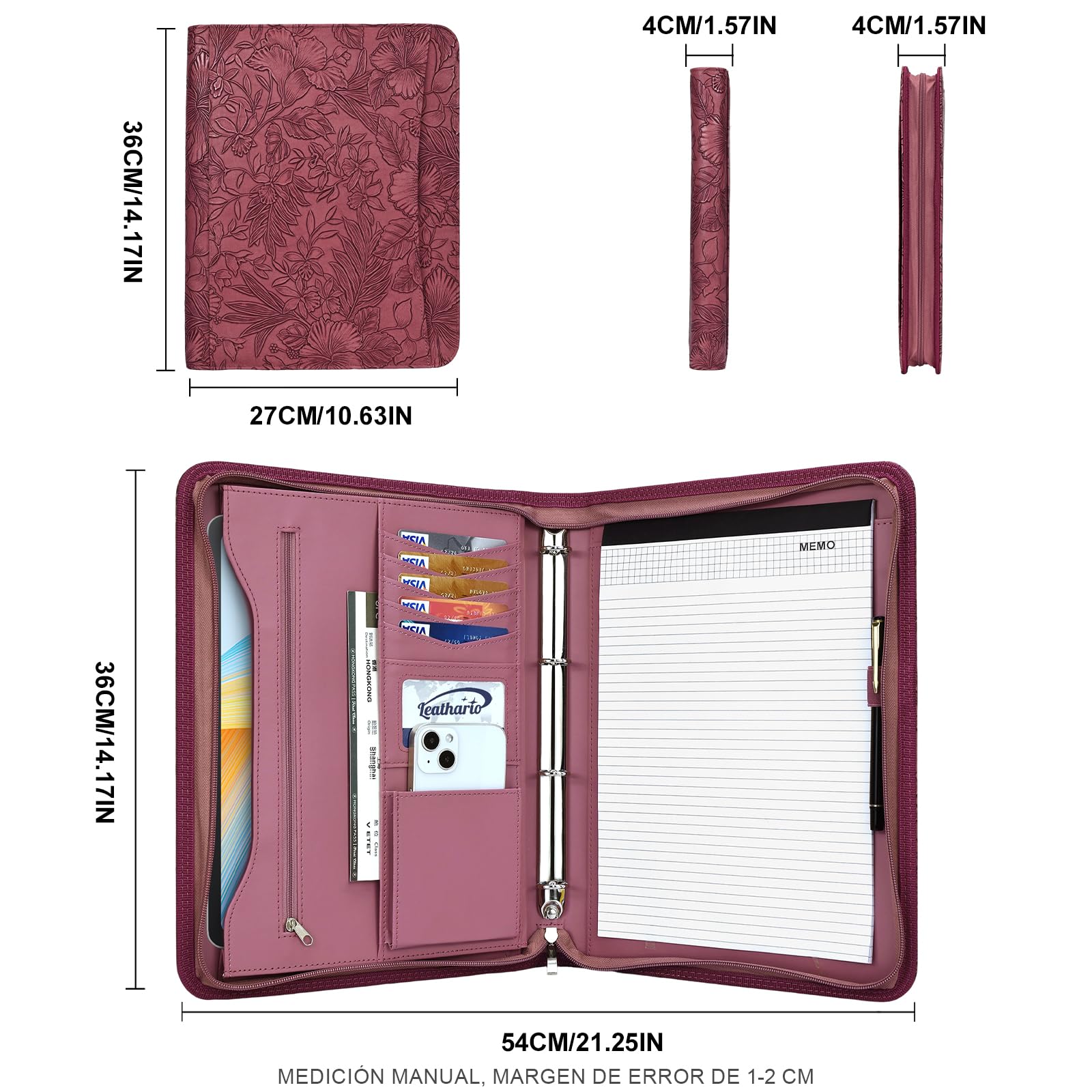 Leathario Carpeta de Conferencias A4 con Carpeta, Carpeta de Documentos para Viaje con 3 cuadernos y 10 páginas de índice transparente