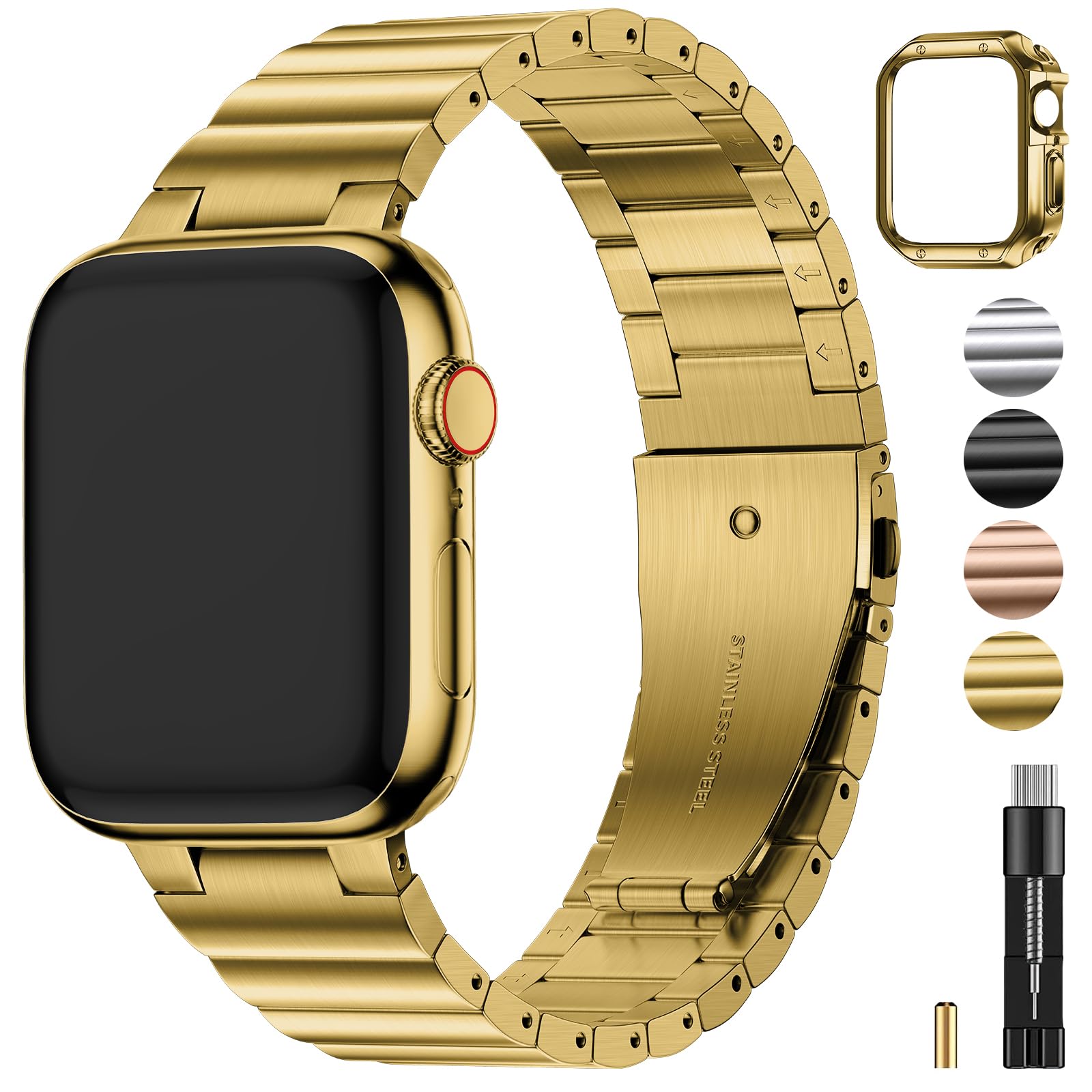 Photo 1 of Fullmosa Metal Band Compatible with Apple Watch 45mm 44mm 42mm 41mm 40mm 38mm for Men Women, Stainless Steel iWatch Band with TPU Case for Apple Watch Series 9 8 7 6 5 4 3 2 1 SE3/2/1 (38mm 40mm 41mm, Golden)